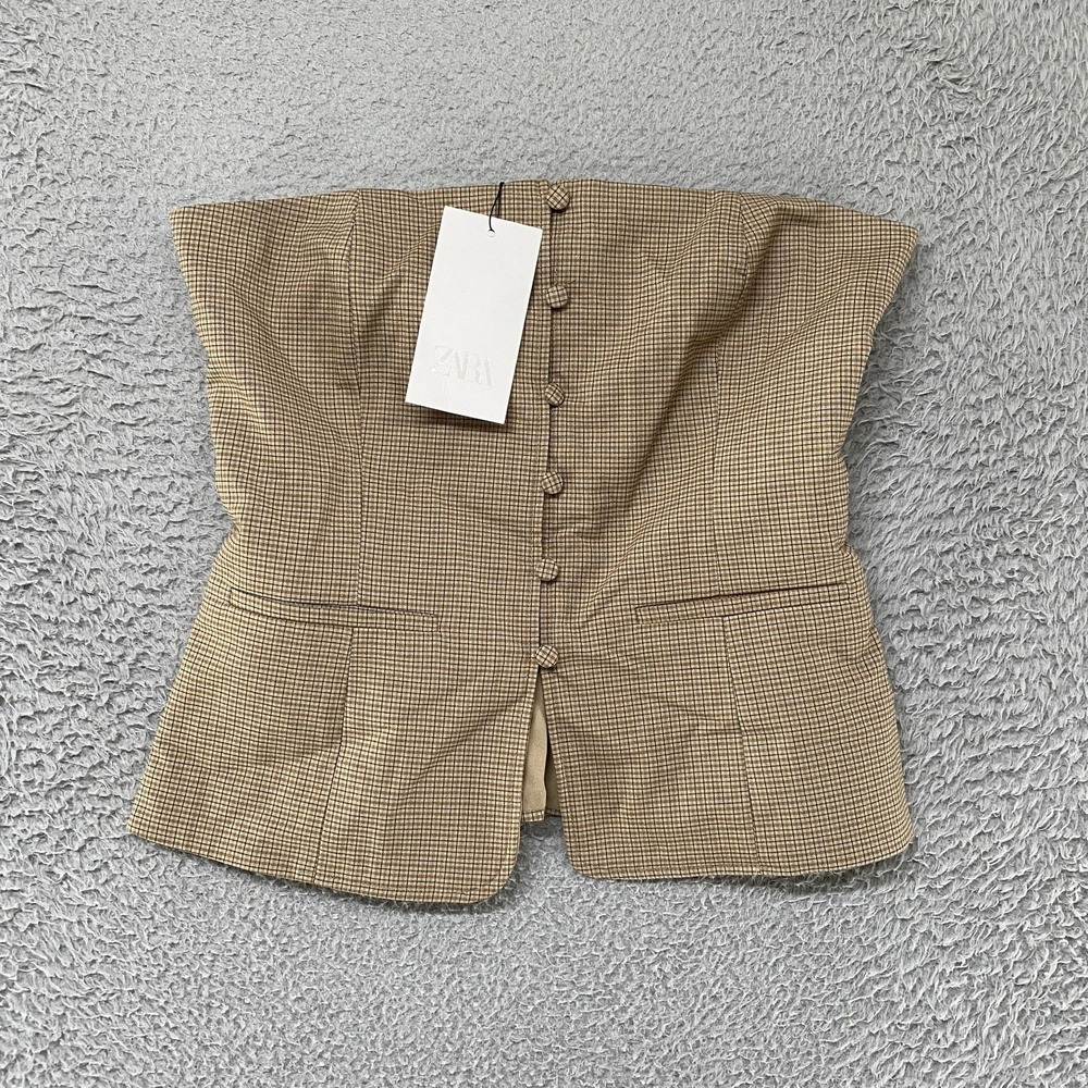 Zara Strapless Top Womens Small Beige Check Corporate Neutral Academia